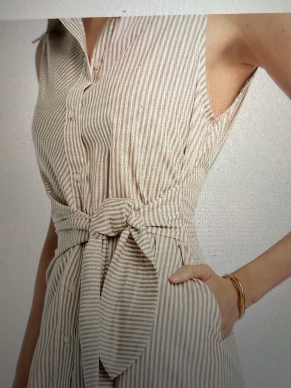 Favorite Daughter Sleeveless Tie-Waist Midi Dress - Taupe Stripe - Small - Picture 2 of 9